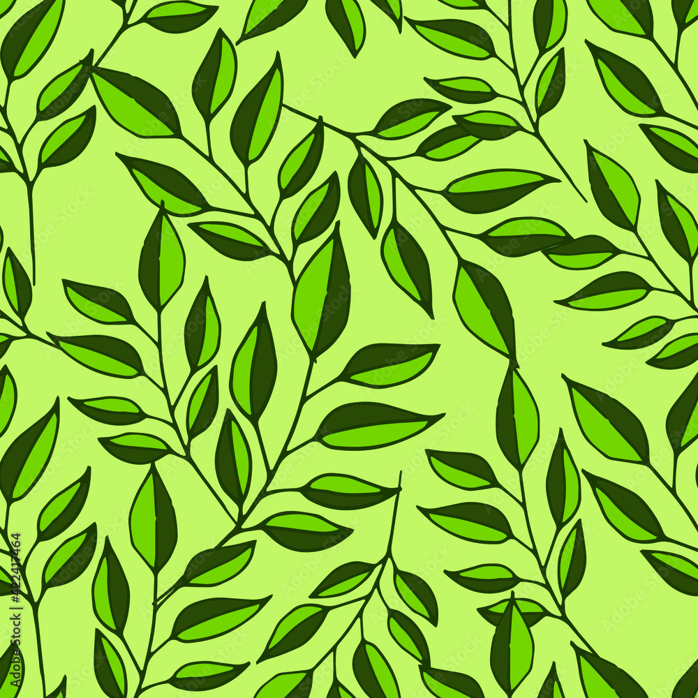 Seamless vector pattern with green leaves on a green background in organic style. Good print for wrapping paper, packaging design, wallpaper, ceramic tiles, and textile Seamless vector pattern with green leaves on a green background in organic style. Good print for wrapping paper, packaging design, wallpaper, ceramic tiles, and textile