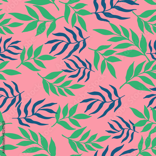 Seamless vector pattern in contemporary style with simple silhouettes of blue and green leaves on pink background. Good print for wallpaper, textile, wrapping paper, ceramic tiles