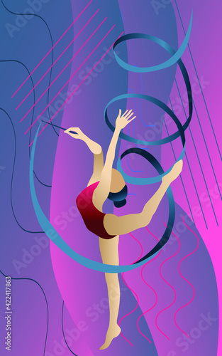 Vector illustration in minimalist flat style. Rhythmic gymnastics. A woman with a ribbon is training or competing in some championship.