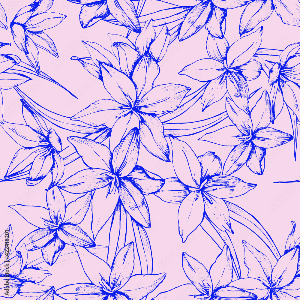 Fototapeta premium Seamless vector pattern with outline engraved blue flowers on pink background. Good print for wallpaper, textile, wrapping paper, ceramic tiles