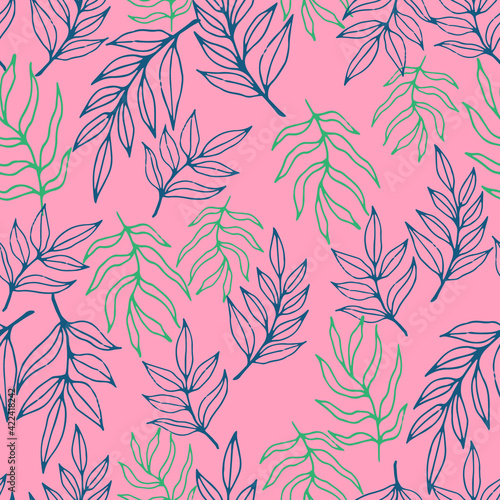 Seamless vector pattern in contemporary style with simple blue outline leaves in pink background. Good print for wallpaper, textile, wrapping paper, ceramic tiles