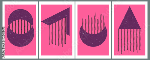 Set of four minimalist posters with geometric shapes. Triangles, circles, and lines. Violet shapes and lines on pink background. Modern concept template. Design for wall decor Vector illustration