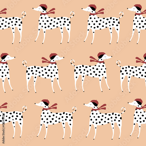 Cute dalmatian dog in red beret and red scarf. Funny dog seamless pattern.