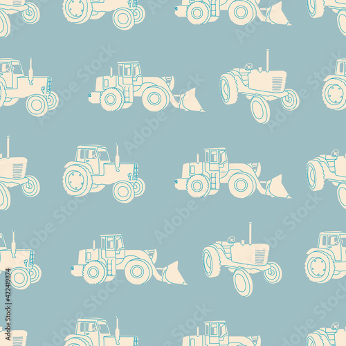 Vector seamless pattern. Tractor, harvester and agrimotor. Retro style, print on paper, fabric. Agro concept.