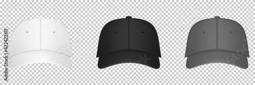 Baseball cap black, gray and white template. Design template closeup in vector. Realistic front view white baseball cap isolated on transparent background.