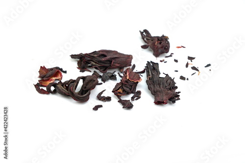 Dried hibiscus flower tea isolated on white background