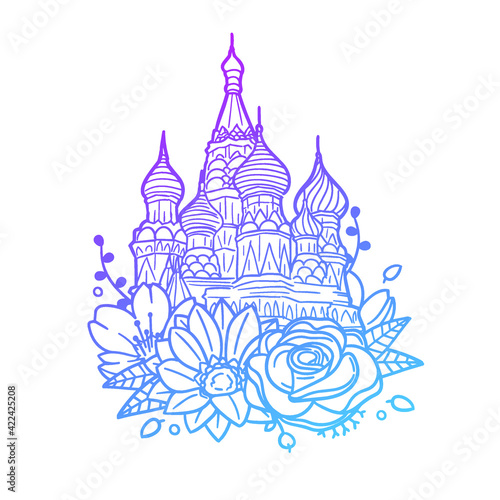 Kremlin Rose Flower with Vintage Palace Design. Russia Moscow Floral frame ornament vector style. Decoration Design Wreat illustration.