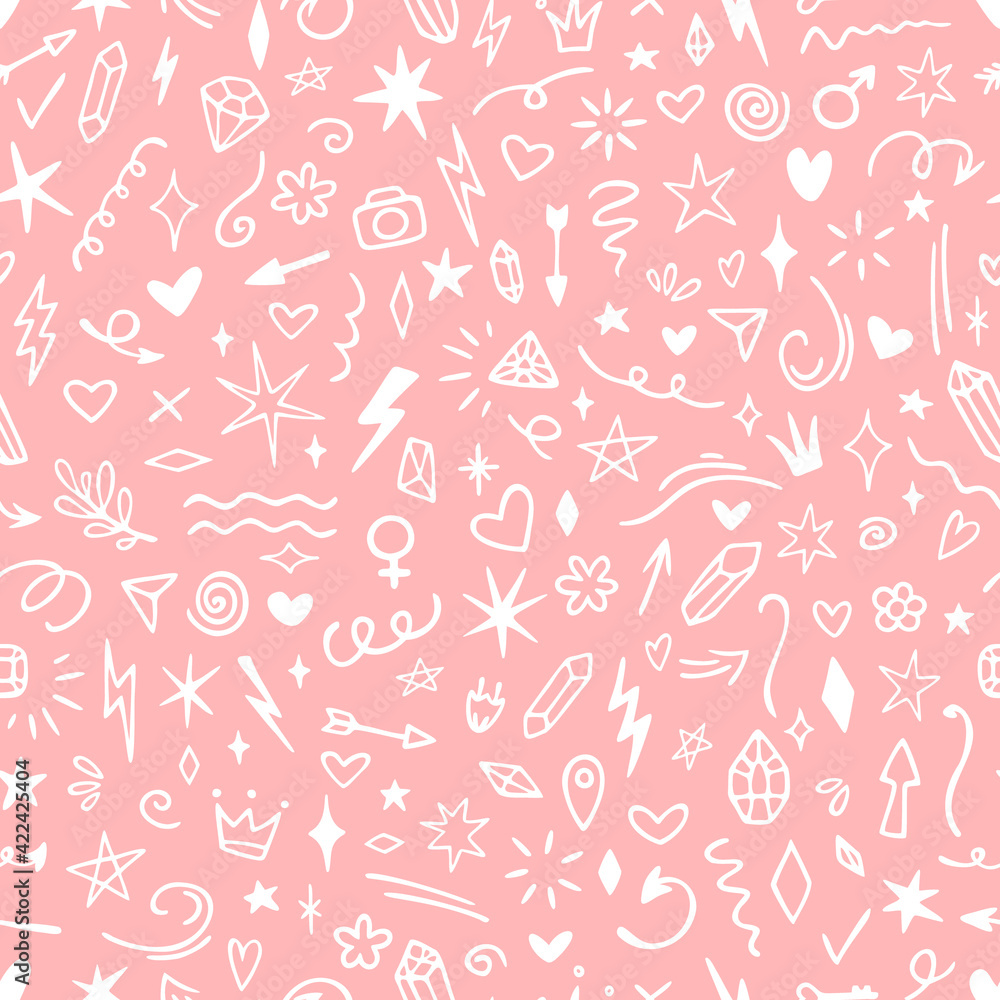 Vector seamless pattern with different stars, sparkles, arrows, hearts, crystals, diamonds, signs and symbols. Hand drawn, doodle style. Design for wallpaper, wrapping, stationery, textile. Vector seamless pattern with different stars, sparkles, arrows, hearts, crystals, diamonds, signs and symbols. Hand drawn, doodle style. Design for wallpaper, wrapping, stationery, textile.