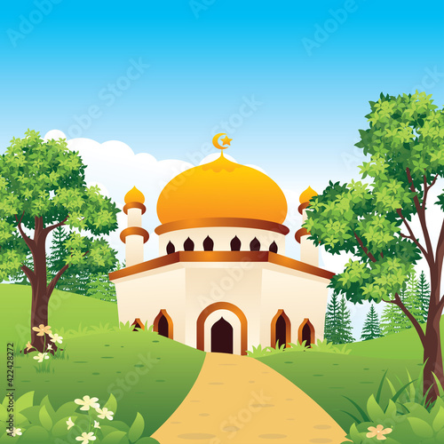 Ramadan Kareem mosque with scenery Landscape, islamic flat cartoon illustration