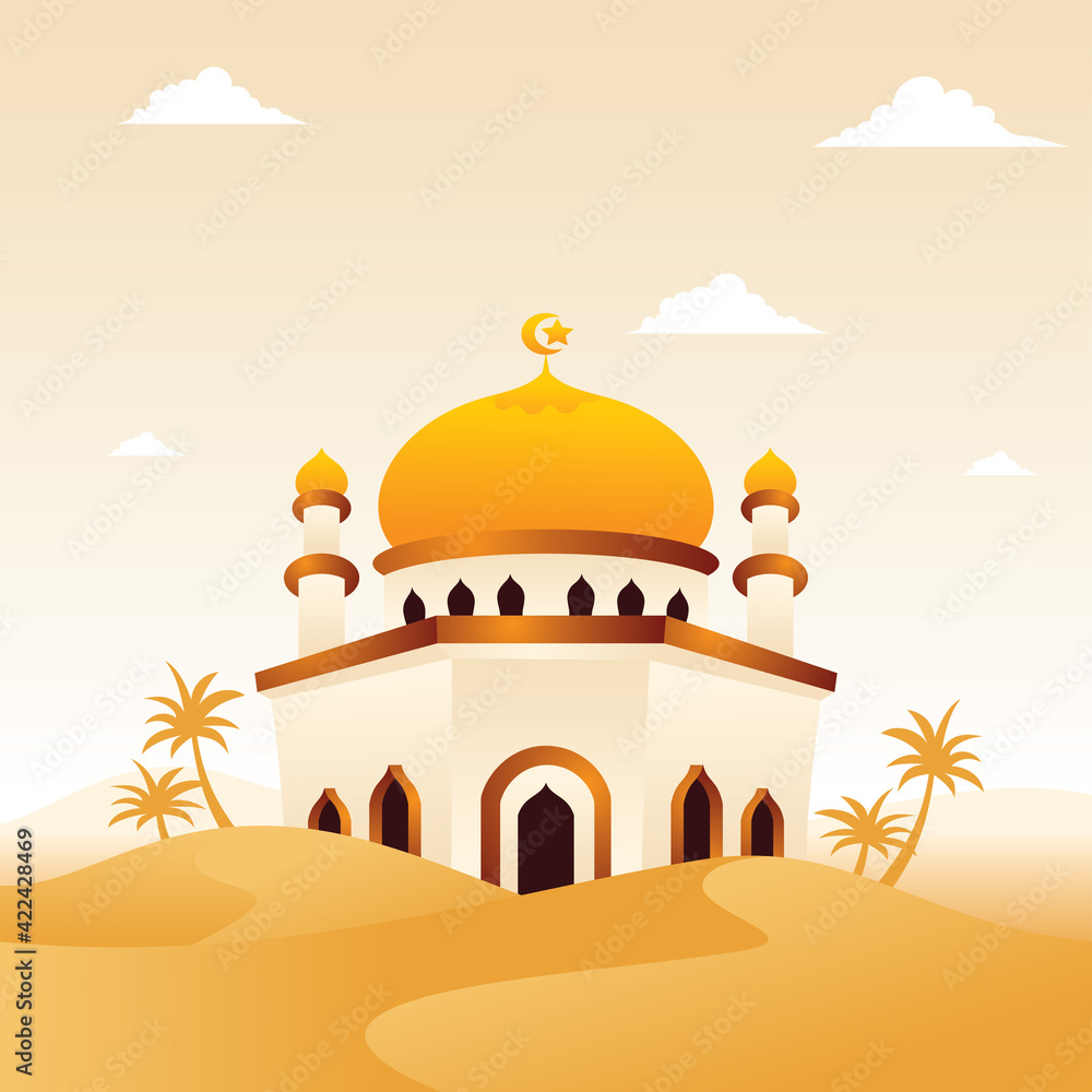 Mosque on desert islamic illustration, eid mubarak background with flat style