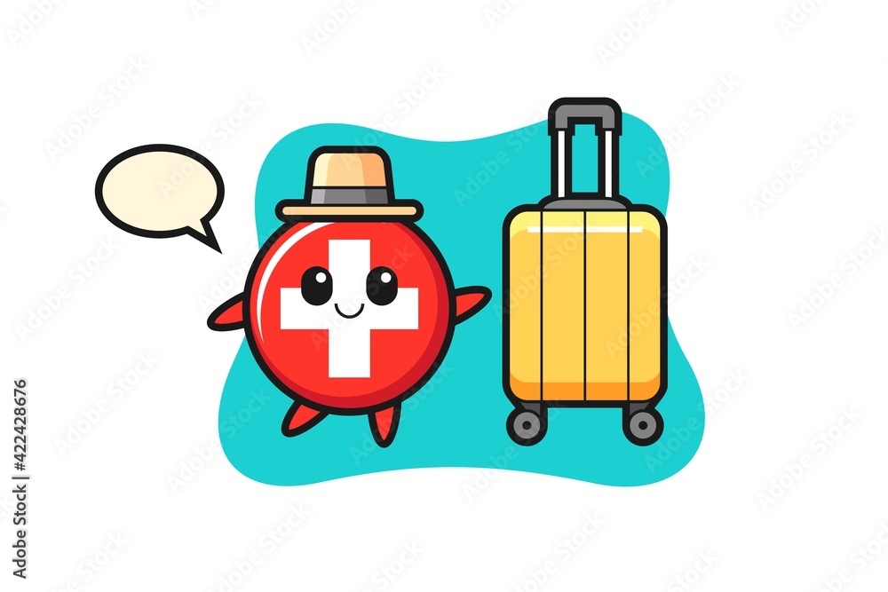switzerland cartoon illustration with luggage on vacation