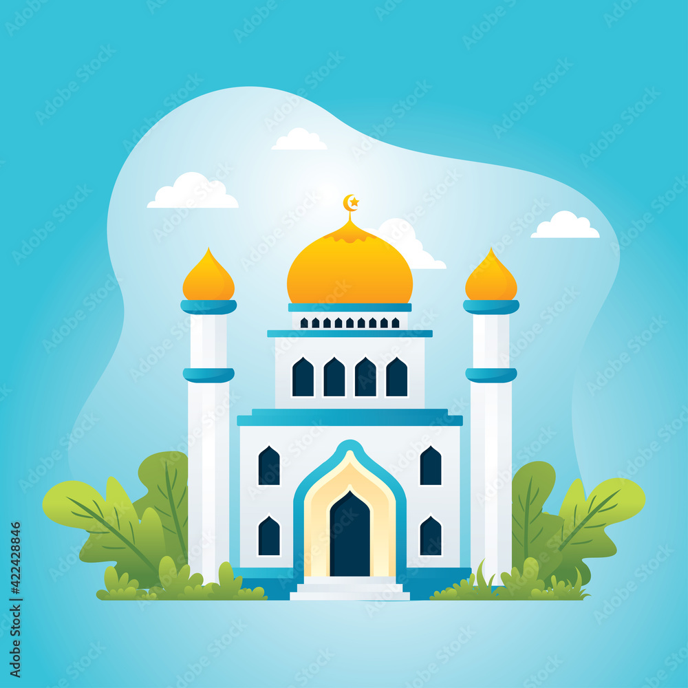 Mosque building illustration with flat cartoon style, Ramadan Kareem element design