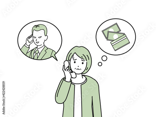 振り込め詐欺　オレオレ詐欺　電話　年配の女性　イラスト素材