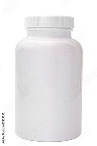 Medication container, prescription medicine and pharmaceutical concept with picture of glossy plastic pill bottle with twist cap isolated on white background with clipping path cutout and copy space