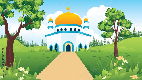 Mosque with nature landscape, islamic landscape  flat style illustration 