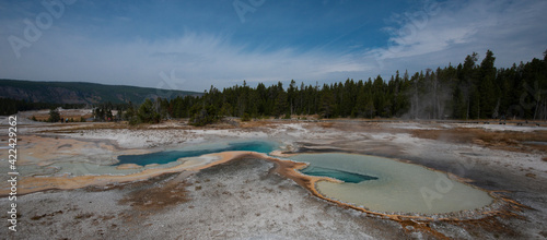 USA, Wyoming. Panoramic image of Doublet Pool, Yellowstone National Park.
