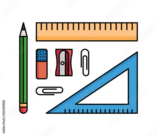 Vector office supplies. Set of isolated stationary items on the white background. Ruler, pencil, pencil sharpener, clips