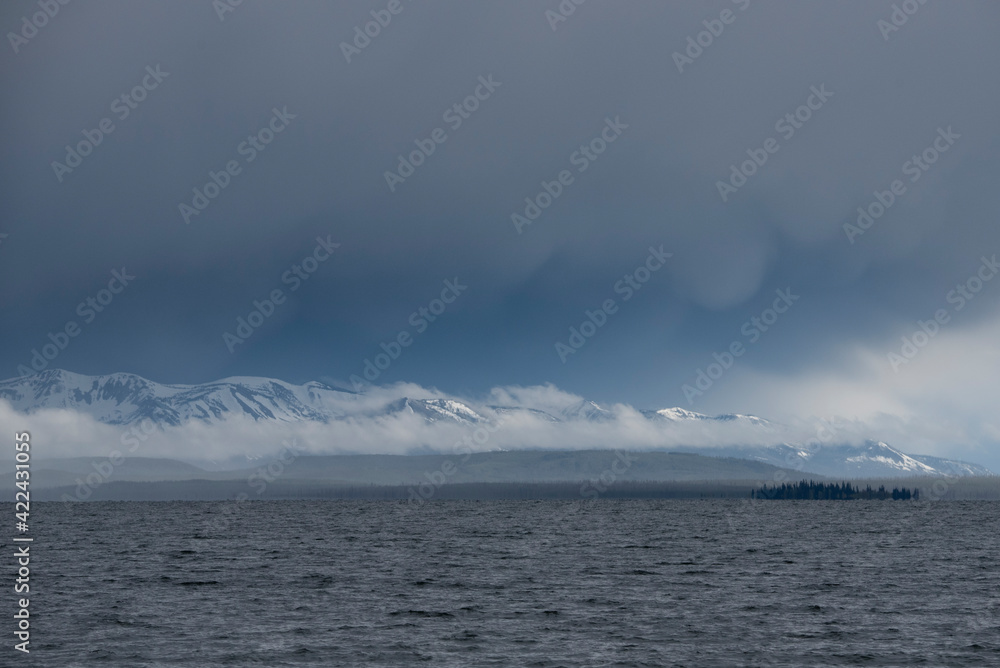 USA, Wyoming. Yellowstone Lake with low clouds, Yellowstone National Park.