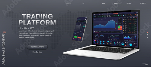 Trade Platform Web Banner Mockup. Market monitoring and trading stocks and cryptocurrencies online. Forex market, news and analysis. Trade App and Binary Option screens on different gadgets. Vector