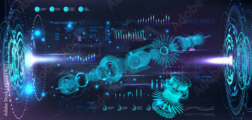 Turbine Jet Engine blueprint in hologram projectors with HUD interface. 3D gears xray. Industry 4.0 and hi-tech technology futuristic engineering concept. Sci-fi Jet engine. HUD vector illustration