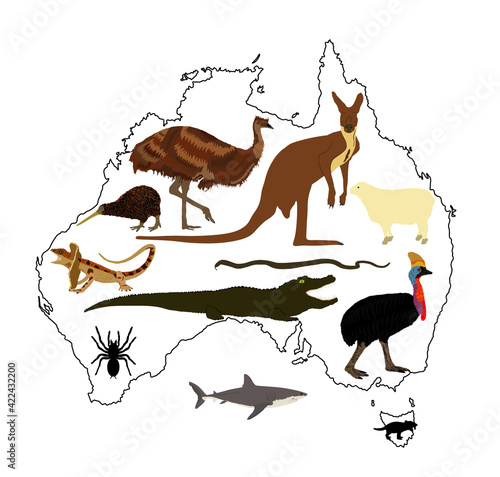 Animals from Australia vector illustration collection. Australian map vector silhouette contour illustration isolated on white background. Continent symbol.