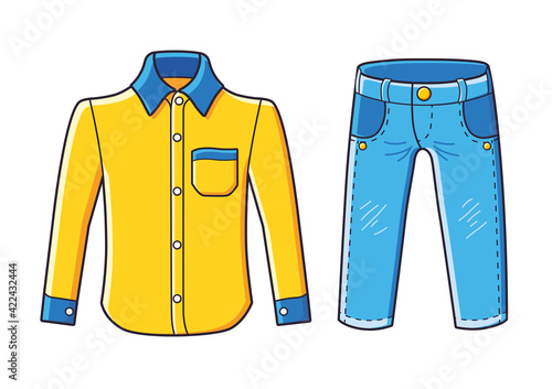 Yellow long sleeve dress shirt and blue jeans pants isolated