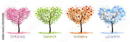Nature Four stylized trees representing different seasons spring, summer, autumn, winter. Vector.