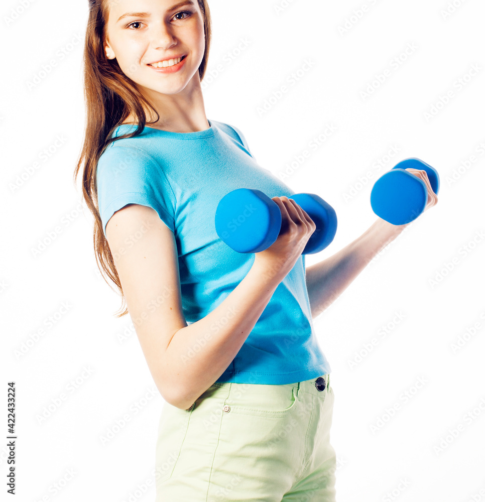 young pretty slim womans hand with dumbbell isolated, real sport girl next door, lifestyle people concept