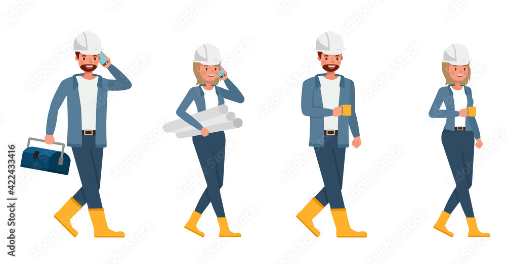 Engineer people wear blue jacket working character vector design. Presentation in various action with emotions. Engineer people wear blue jacket working character vector design. Presentation in various action with emotions.
