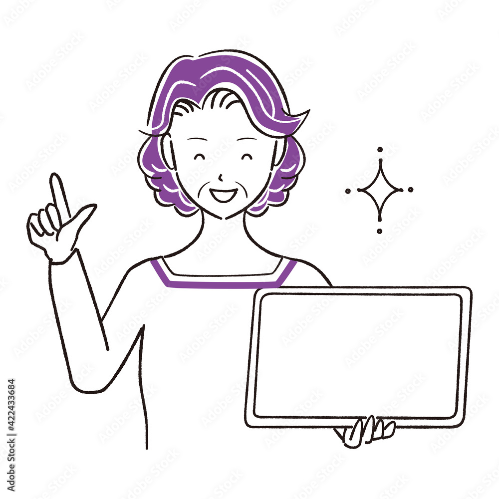 手描き1color シニアの女性 タブレットで提案 手描き1color シニアの女性 タブレットで提案