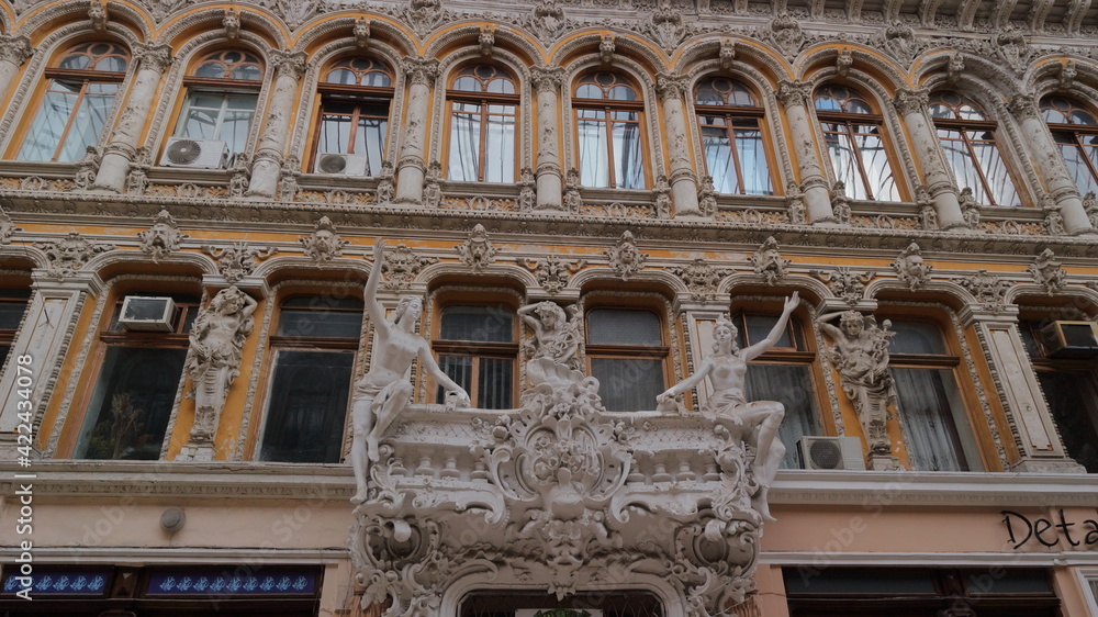 The roof and walls of the courtyard of the hotel and shop Passage in Odessa, built in the eclectic style in 1898-1899.