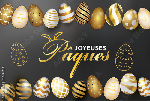 carte ou bandeau sur Joyeuse Pâques en blanc et or avec en haut et en bas une ligne d'oeufs de couleur or noir et blanc sur un fond gris en dégradé