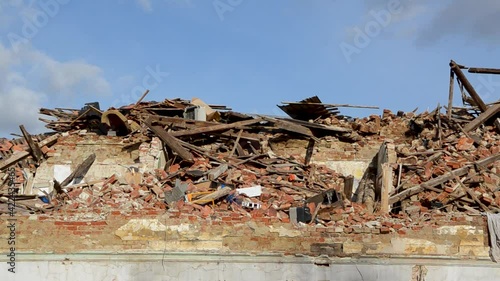 Damaged buildings in Petrinja after strong earthquake. Ruined and demolished house. Ruined buildings damaged by an earthquake in Croatia. 
 photo