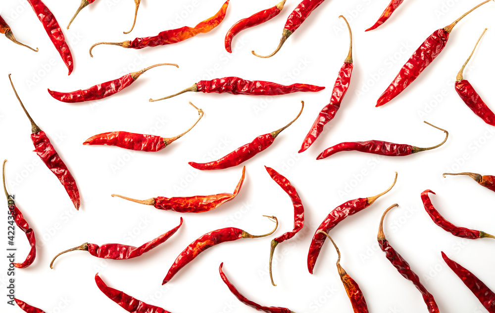 Red chili pepper pattern isolated on white background. top view Red chili pepper pattern isolated on white background. top view