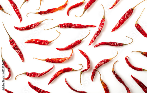 Red chili pepper pattern isolated on white background. top view