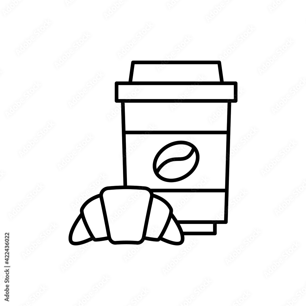 croissant Breakfast and coffee icon in flat black line style, isolated on white croissant Breakfast and coffee icon in flat black line style, isolated on white