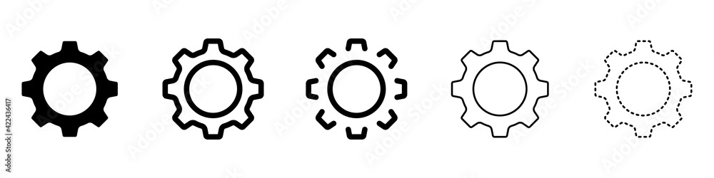 Gears vector set. Cogwheel icons set. Gears in a flat style set. Set of trendy black gears icons isolated on white background. Part of the smvol mechanism. Vector illustration.