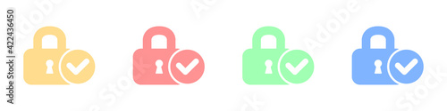 Lock with check mark icons set. Vector set of icons of verified locks. A set of colored locks verified protection. Set of web protection symbols in flat style. Vector illustration.
