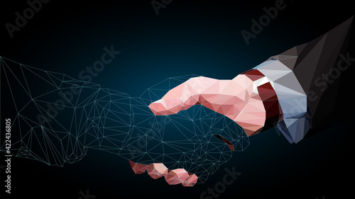Human handshake hands, vector poster banner design template. Low poly art, polygon wireframe mesh. Human communication, innovations, future technologies. Vector background art