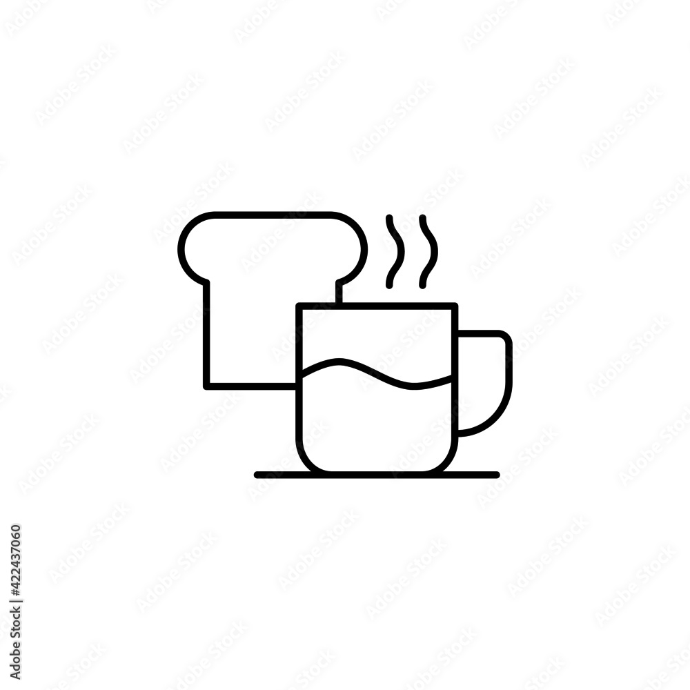 coffee shop icon, breakfast, Bread and hot coffee icon in flat black line style, isolated on white coffee shop icon, breakfast, Bread and hot coffee icon in flat black line style, isolated on white
