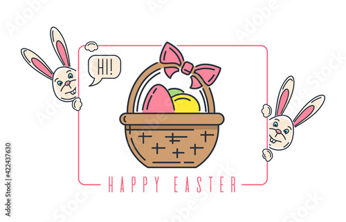 Easter line logo icon with bottle of wine, easter bunny and basket with easter eggs. Vector illustration