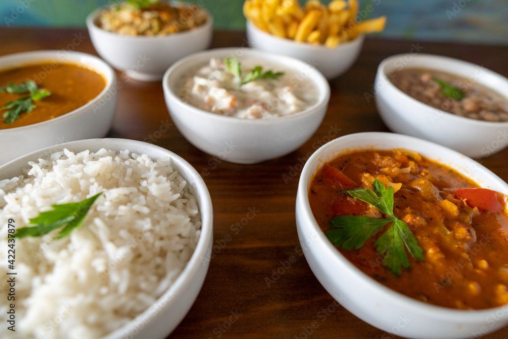 food bowls: rice, seafood, shrimp, beans, chips - side dishes food bowls: rice, seafood, shrimp, beans, chips - side dishes