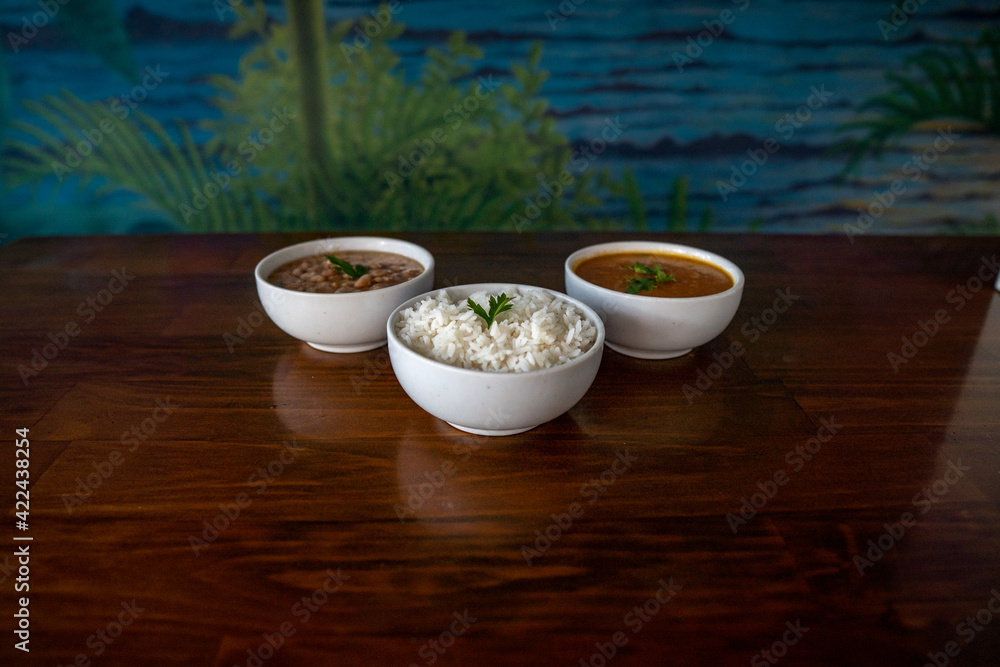 food bowls: rice, seafood, shrimp, beans, chips - side dishes food bowls: rice, seafood, shrimp, beans, chips - side dishes
