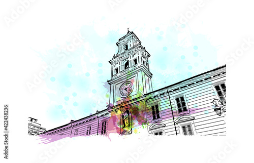 Building view with landmark of Param is the 
village in Iran. Watercolour splash with hand drawn sketch illustration in vector.