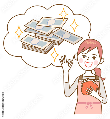 財布を持って笑顔でOKサインを出すママとお金