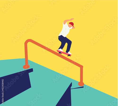 Teenager skateboarder does an ollie trick. Guys in casual clothes skateboarding and showing exciting tricks flat style design. City landscape on background. Extreme sport concept