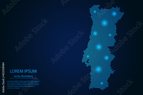 Abstract image Portugal map from point blue and glowing stars on a dark background. vector illustration.