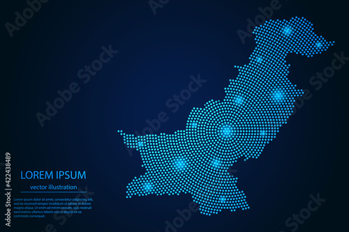 Abstract image Pakistan map from point blue and glowing stars on a dark background. vector illustration.