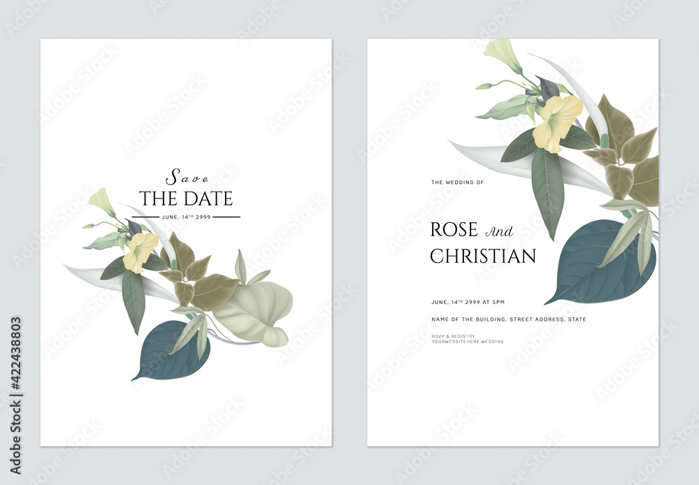 Floral wedding invitation card template design, fancy flowers and leaves on white