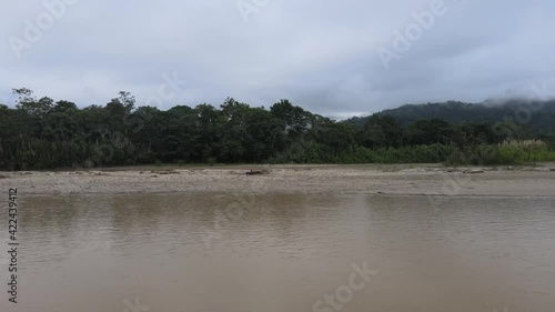 Aerial tour of the Zamora River on a cloudy day, located in the south of the Ecuadorian Amazon